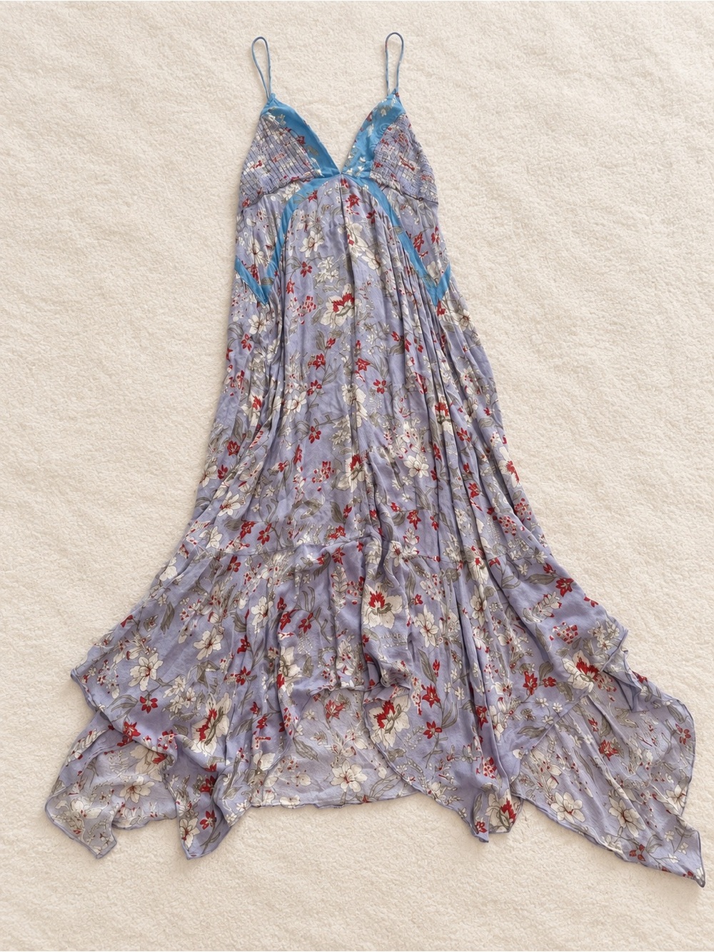 Free People Lavender Floral Asymmetrical Slip Dress with Blue Trim